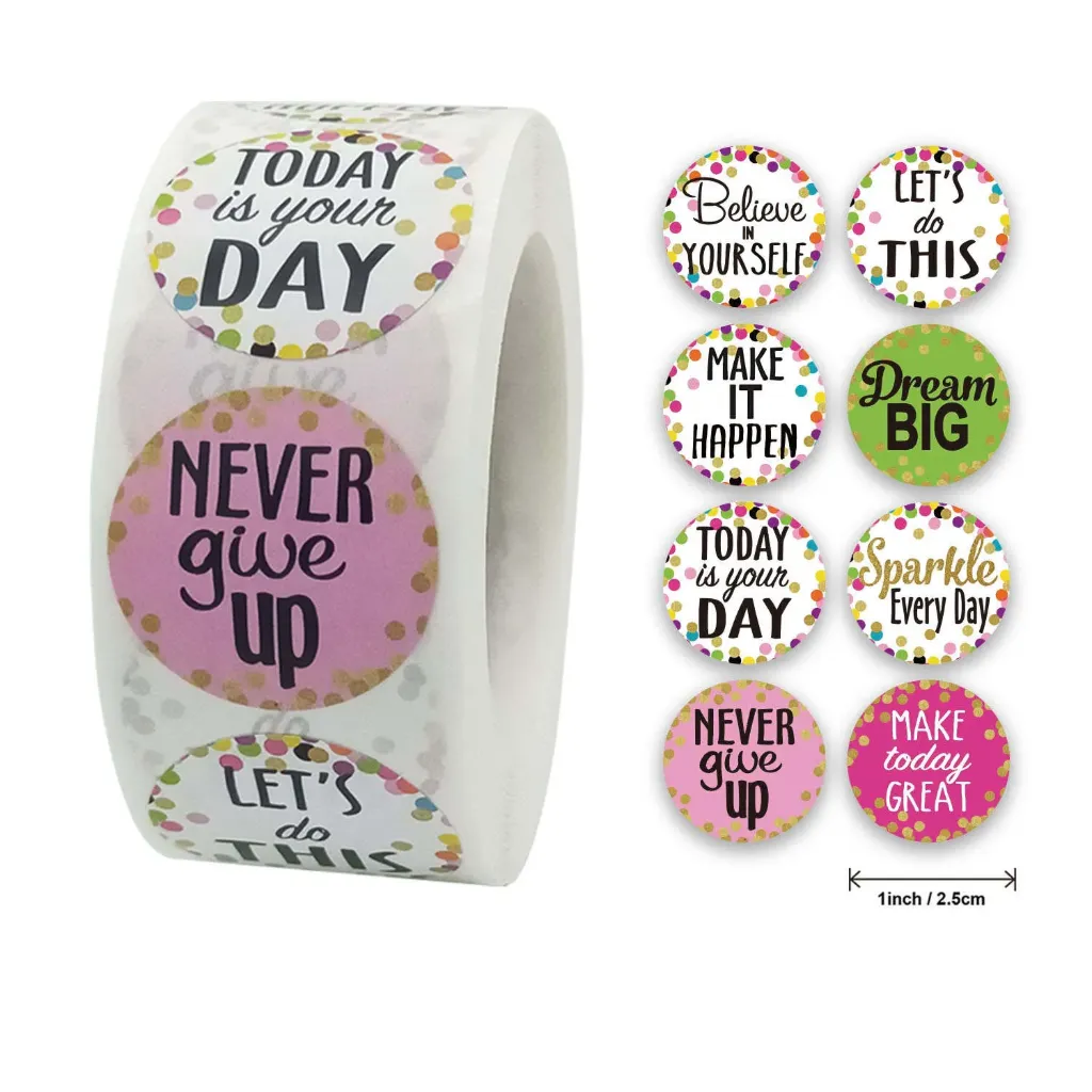 [SN - 013] 500 Motivational Stickers Roll – Dream Big, Never Give Up Confetti Design