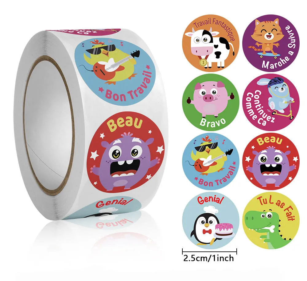 [SN - 018] 500 French Reward Stickers – Bon Travail & Bravo Animal Roll en Français