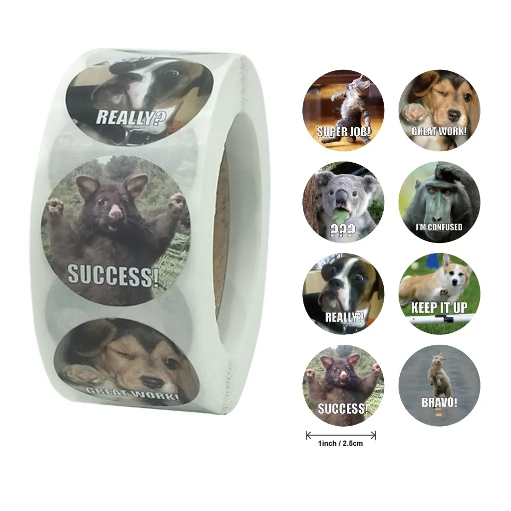 [SN - 021] 500 Funny Meme Animal Stickers Roll – Hilarious Reward Stickers for Teachers