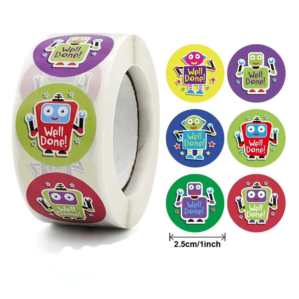 [SN -  024] 500 Robot Reward Stickers – Colourful Well Done Robot Roll for Kids