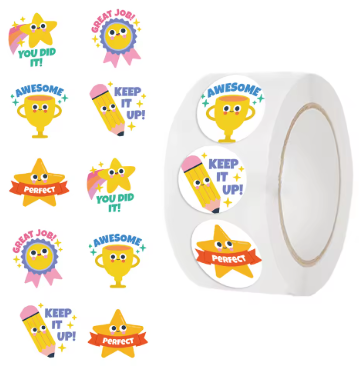 [SN -  026] 500 Trophy & Star Praise Stickers Roll: Great Job, Awesome & Perfect for Kids