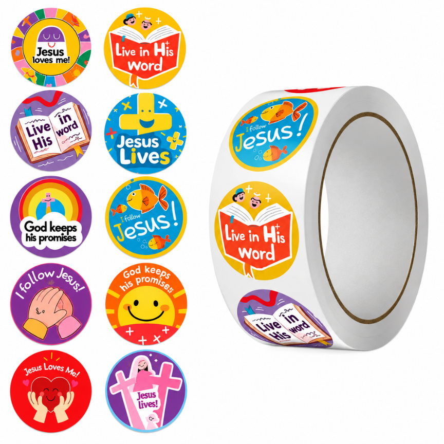 [SN -  027] 500 Faith Sticker Roll for Kids: Jesus Loves Me, Live in His Word & More