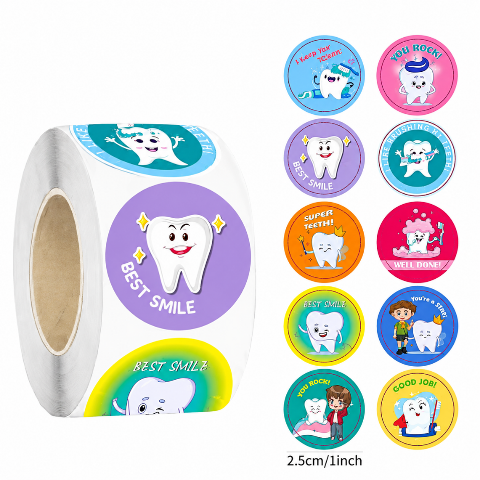 [SN -  028] 500 Happy Tooth Dental Reward Stickers Roll: Best Smile, You Rock & Good Job for Kids