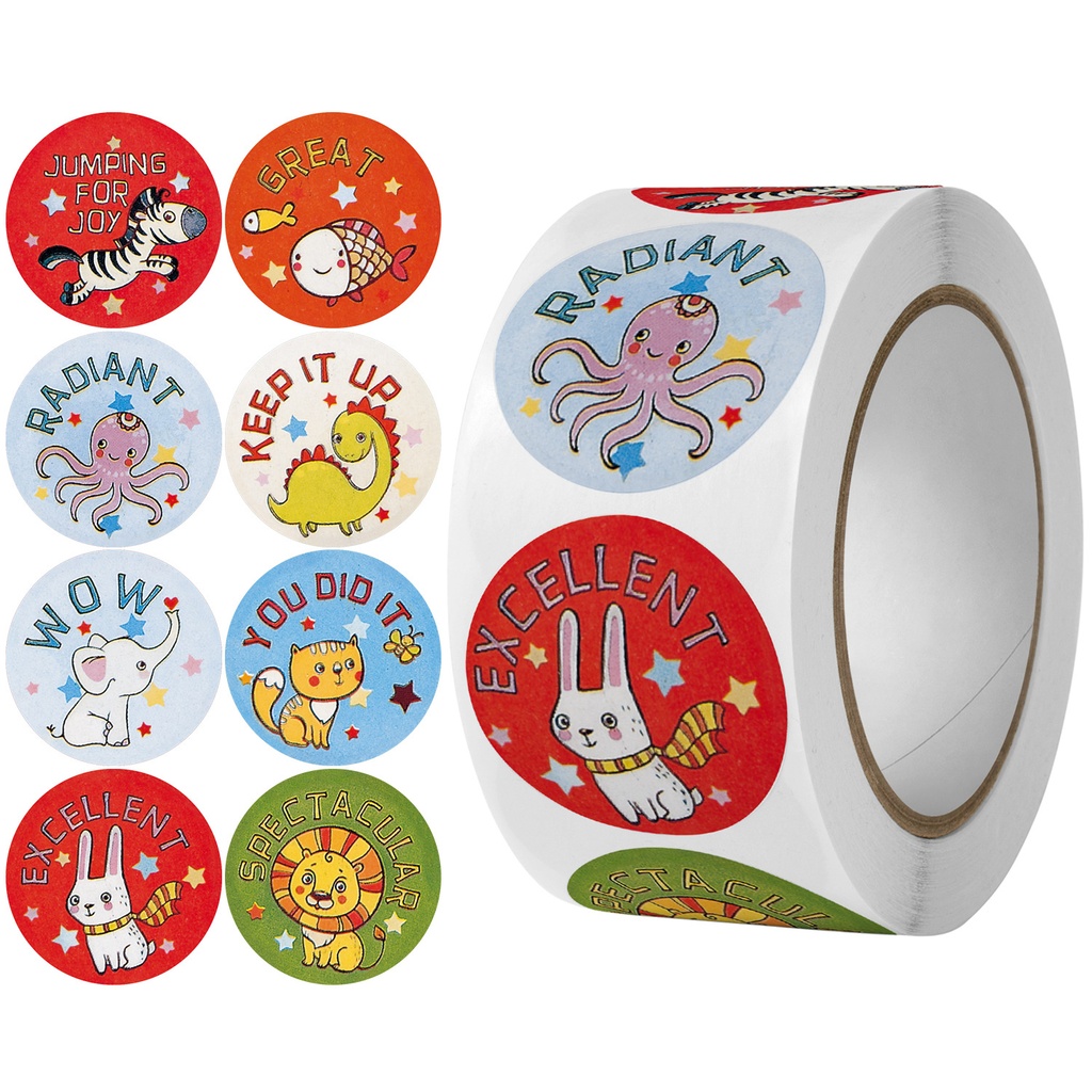 [SN -  025] 500 Cheerful Animal Praise Stickers Roll: Excellent, Radiant & Spectacular for Kids