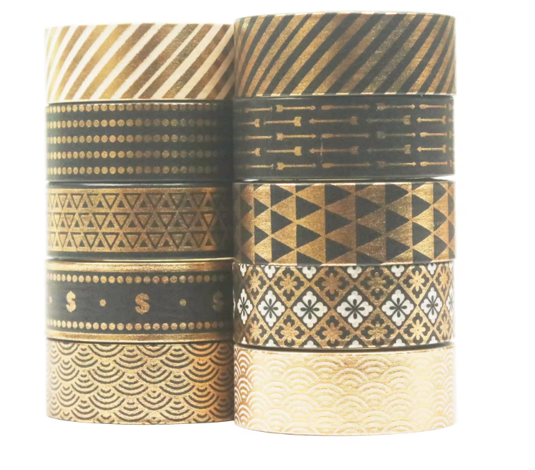 Black & Gold Foil Washi Tape Set (10 Rolls)
