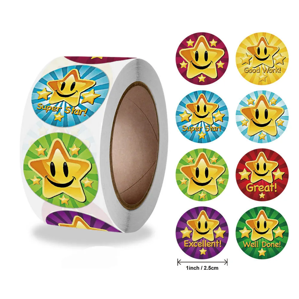 [SN - 002] 500 Gold Star Reward Stickers: Smiley Stars Roll for Teachers & Students