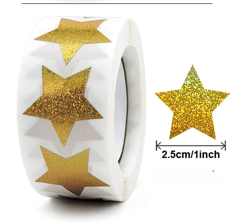 [SN - 007] 500 Holographic Gold Star Stickers – Glitter Star Reward Roll.